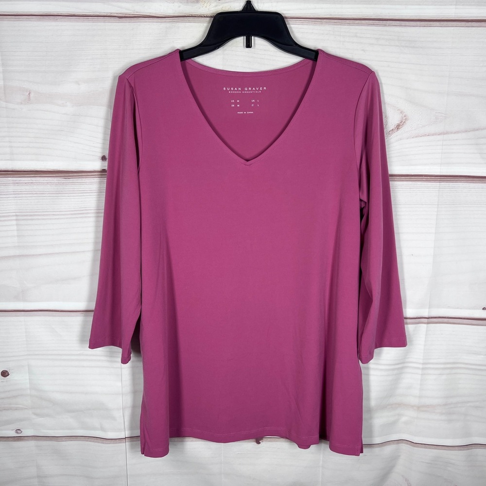 Susan Graver Modern Essentials Top Womens M Pink Liquid Knit V-Neck 3/4 Sleeve